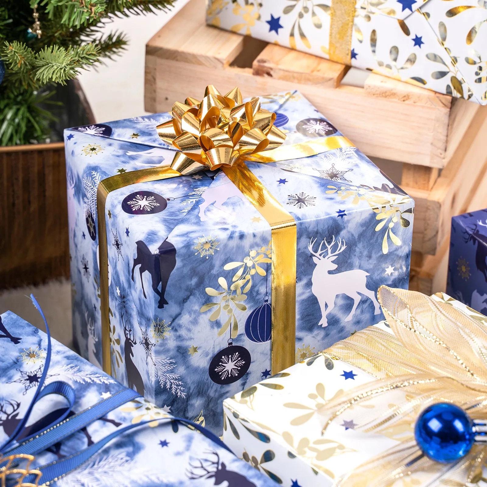Cool Tone Forest Navy Deer Foil Christmas Wrapping Paper Roll