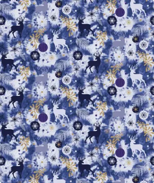 Cool Tone Forest Navy Deer Foil Christmas Wrapping Paper Roll