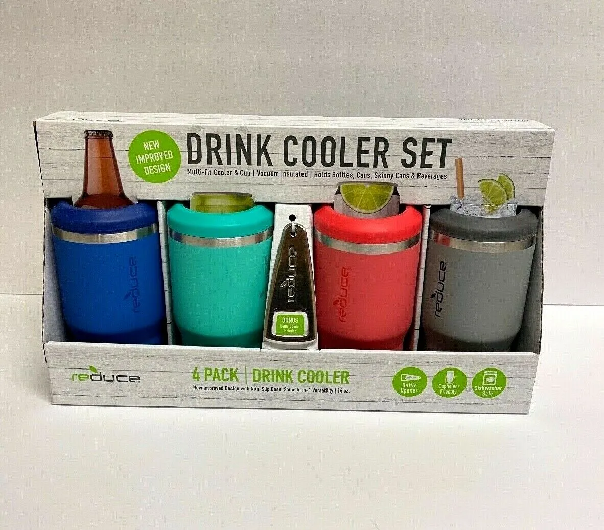 REDUCE 4-in-1 Stainless Steel Bottle and Can Insulator – Keeps Bottles, Cans, Skinny Cans and Mixed Drinks Cold – Sweat-Free, Perfect for Outdoor Drinking - 4pk - Blue, Green, Pink & Gray