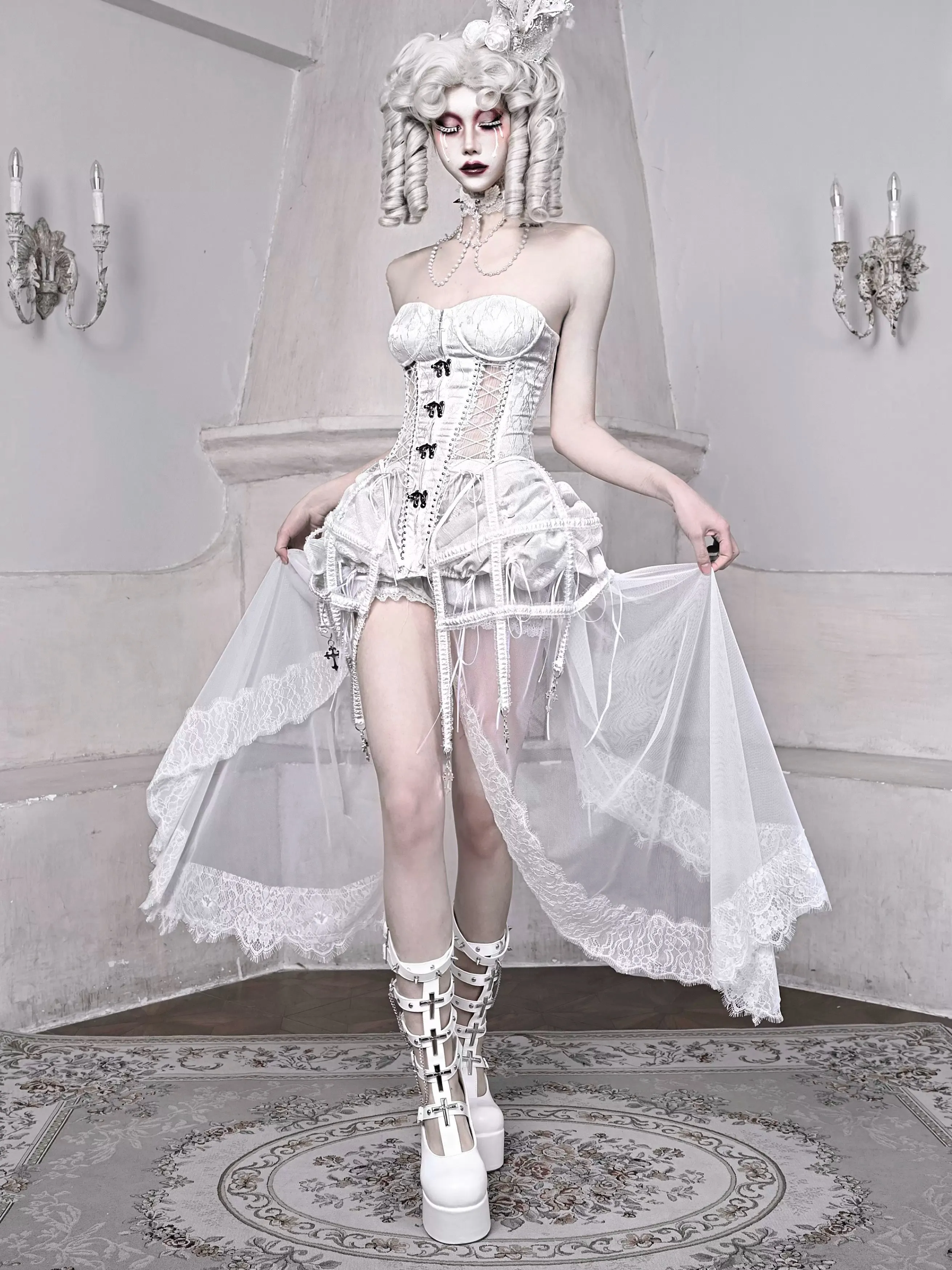 Straps Fishbone Dark Gothic White Corset Bustier Sleeping Alice