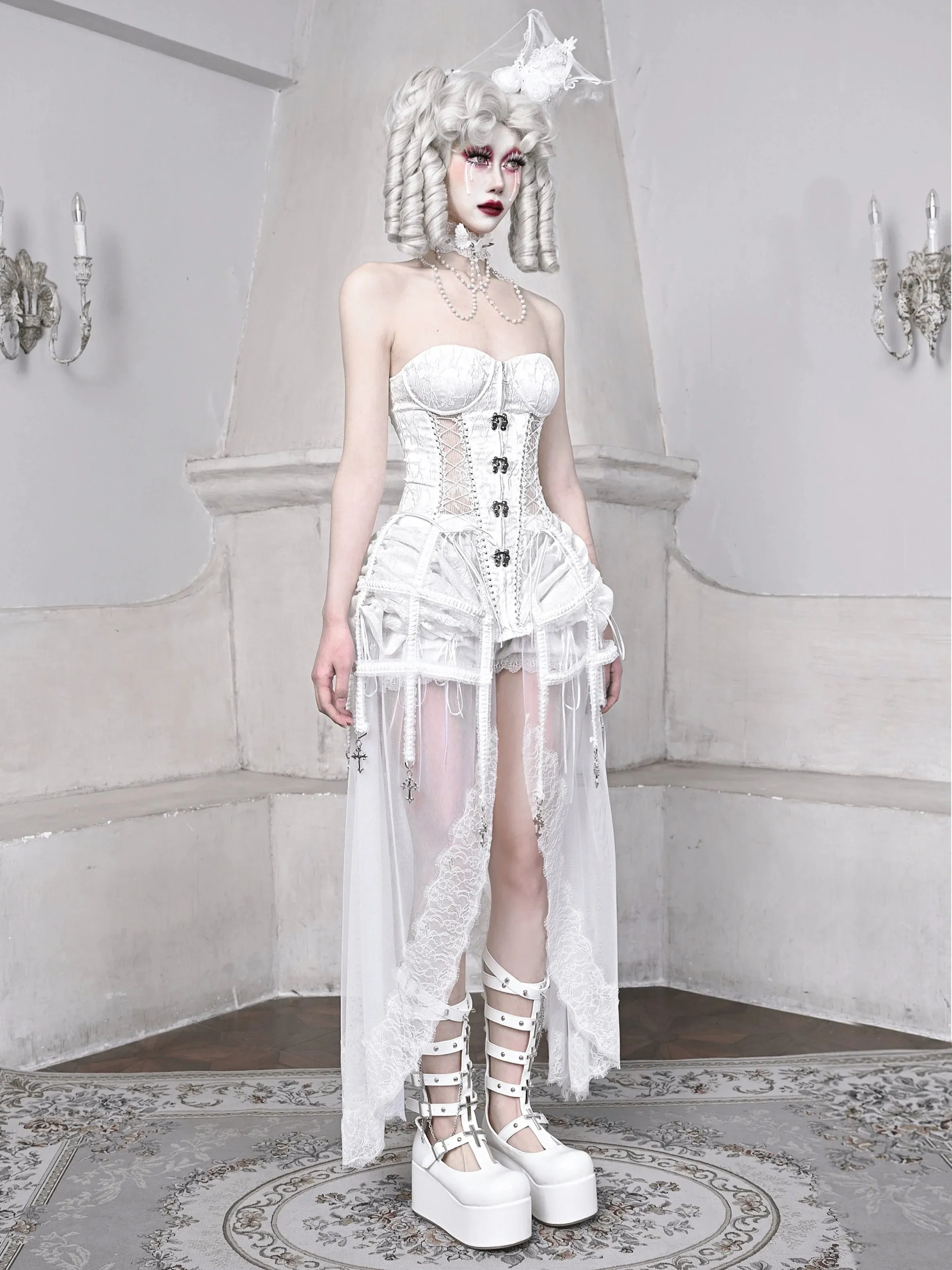 Straps Fishbone Dark Gothic White Corset Bustier Sleeping Alice